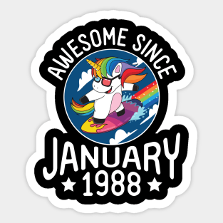 Happy Birthday 33 Years Old To Me Dad Mom Son Daughter Unicorn Surfing Awesome Since January 1988 Sticker